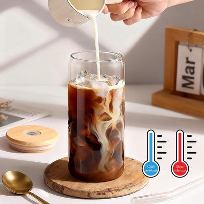 DWTS DANWEITESI Iced Coffee Cups with Lids 2 pcs,16 oz Glass Cups with Lids and Straws as Coffee Bar Accessories,Beer Drinking Glasses,Reusable Glass Tumbler,Cute Coffee Cups for Coffee, Juice, Gifts