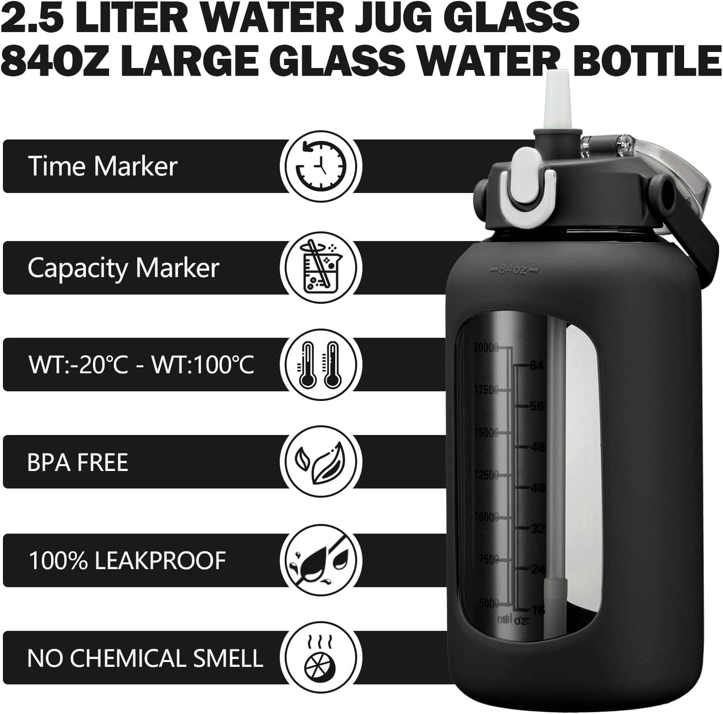 64oz Glass Water Bottles with Straw, Half Gallon Motivational Glass Bottle with Silicone Sleeve and Time Marker, 2L Leakproof Large Glass Water Jug for Gym Home Office,olive