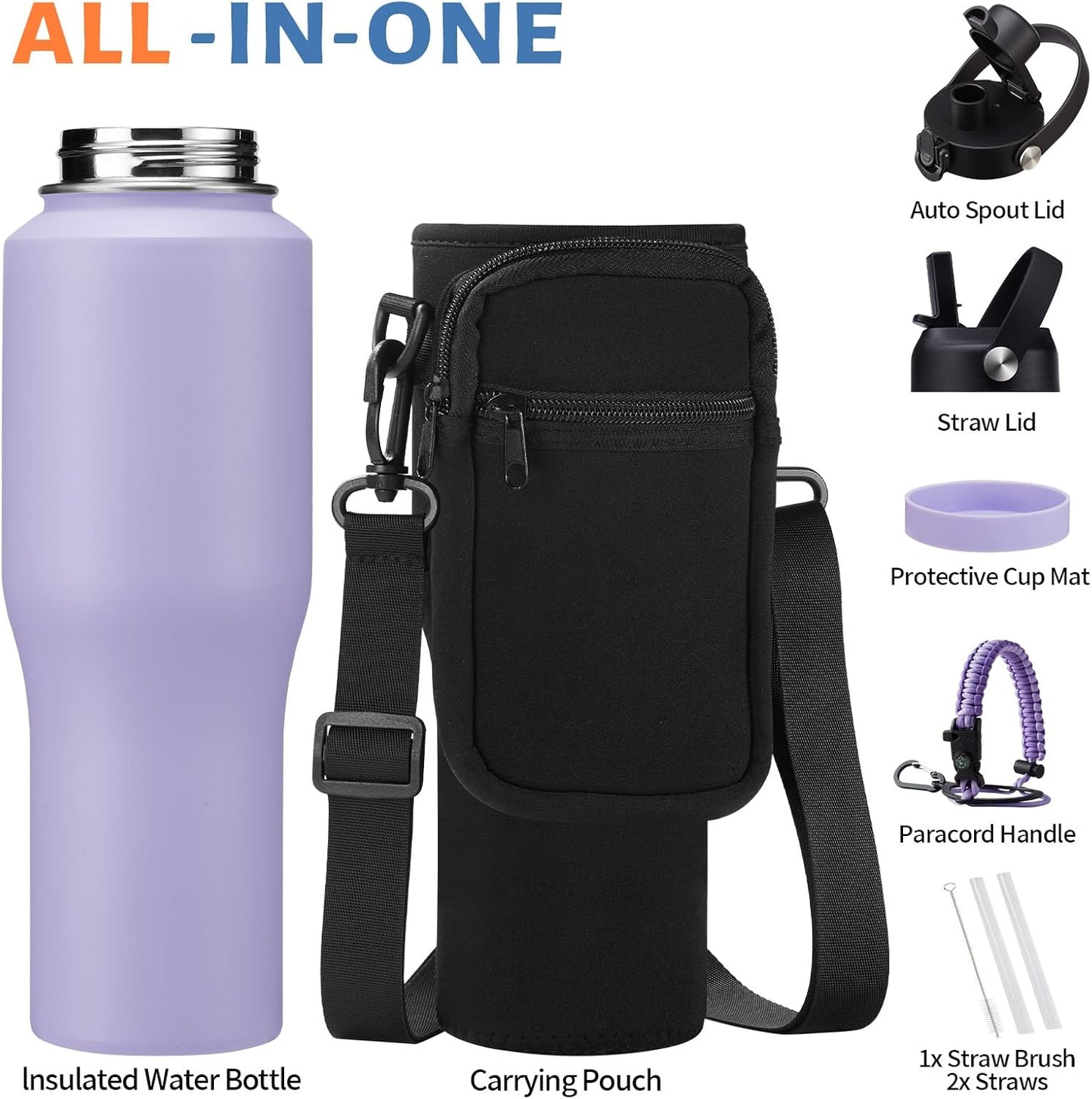Insulated Water Bottle 40 oz - Fits in any Car Cup Holder, Keep Cold 48H Hot 24H, Stainless Steel Waterbottle Double Wall Flask with Straw, Pop-up Spout Lid, Paracord Handle, Carrier Bag