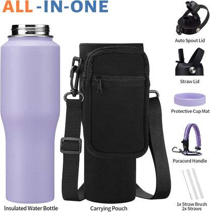 Insulated Water Bottle 40 oz - Fits in any Car Cup Holder, Keep Cold 48H Hot 24H, Stainless Steel Waterbottle Double Wall Flask with Straw, Pop-up Spout Lid, Paracord Handle, Carrier Bag