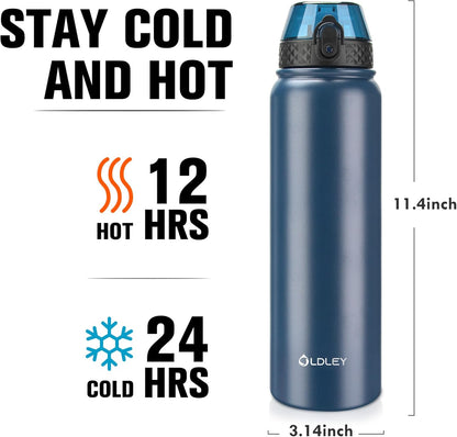 Oldley Insulated Water Bottle 20oz for Adults Kids Stainless Steel Water Bottles with Straw/Chug/Carabiner 3 Lids Fruit Strainer Double Wall Vacuum Wide Mouth BPA Free Leak-Proof for School Travel