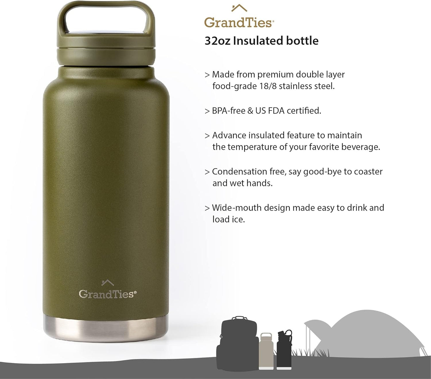 GRANDTIES 2 Lids Sports Stainless Steel Water Bottles – Wide Mouth Vacuum Insulated Reusable Leak Proof BPA-Free Travel Metal Canteen, Thermal Bottles for Men Women Gym (Ivory White 32 oz)