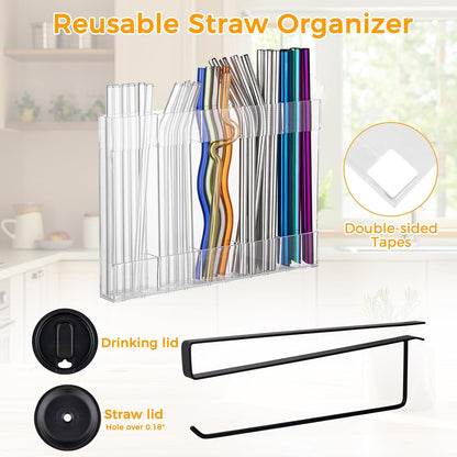 Kitchen Cabinet Straw Holder: Acrylic Organizer and Hanging Lid Rack with Adhesive for Door – Cup Tumbler Accessories Storage Set