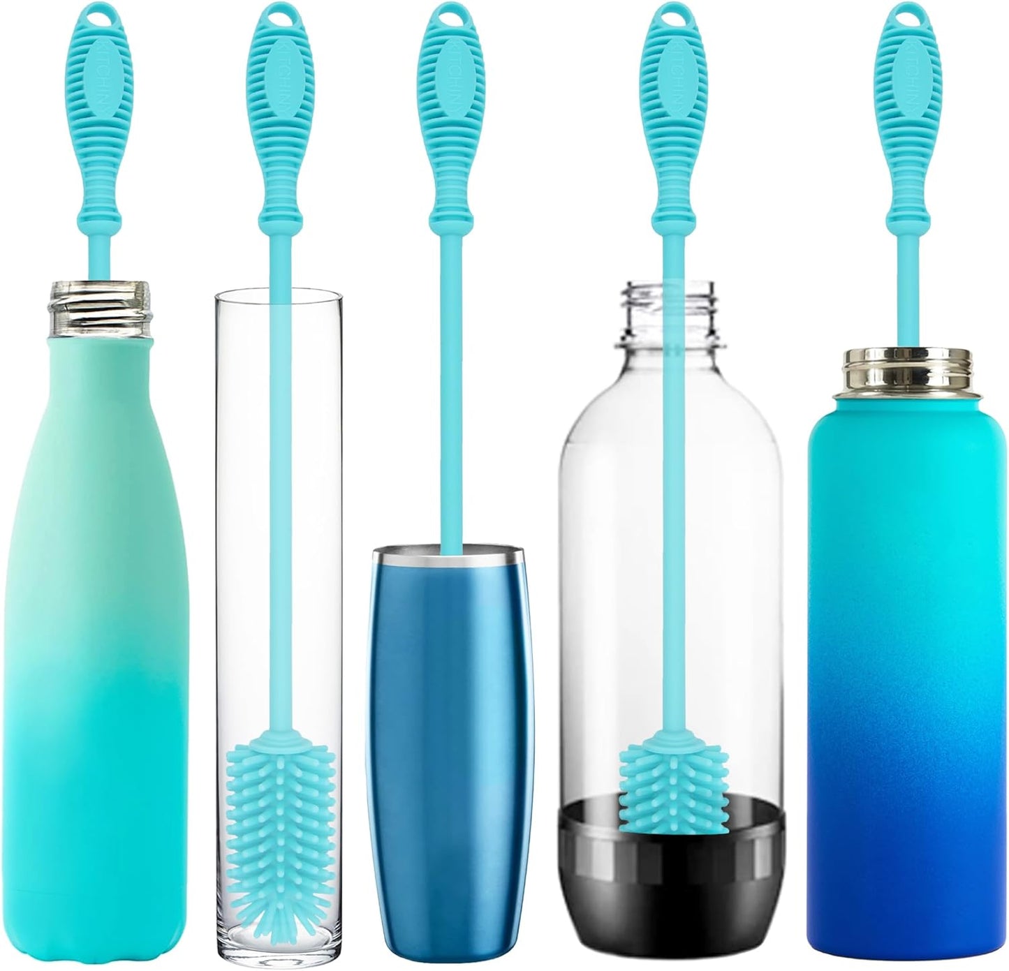Kitchiny Silicone Bottle Brush with 2 Straw Cleaners - 12.5” Water Bottle Cleaner Brush for Yeti, Hydro Flask, Owala, Stanley, Baby Bottles, Glassware, Vases & Narrow Neck Containers - Orange