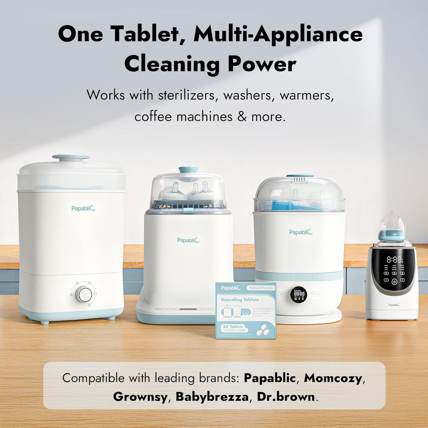 Papablic Descaling Tablets, 25 Count – Compatible with Baby Brezza, Momcozy, Bottle Washer, Warmer, Sterilizer & Formula Maker – Removes Milk & Limescale for Better Performance
