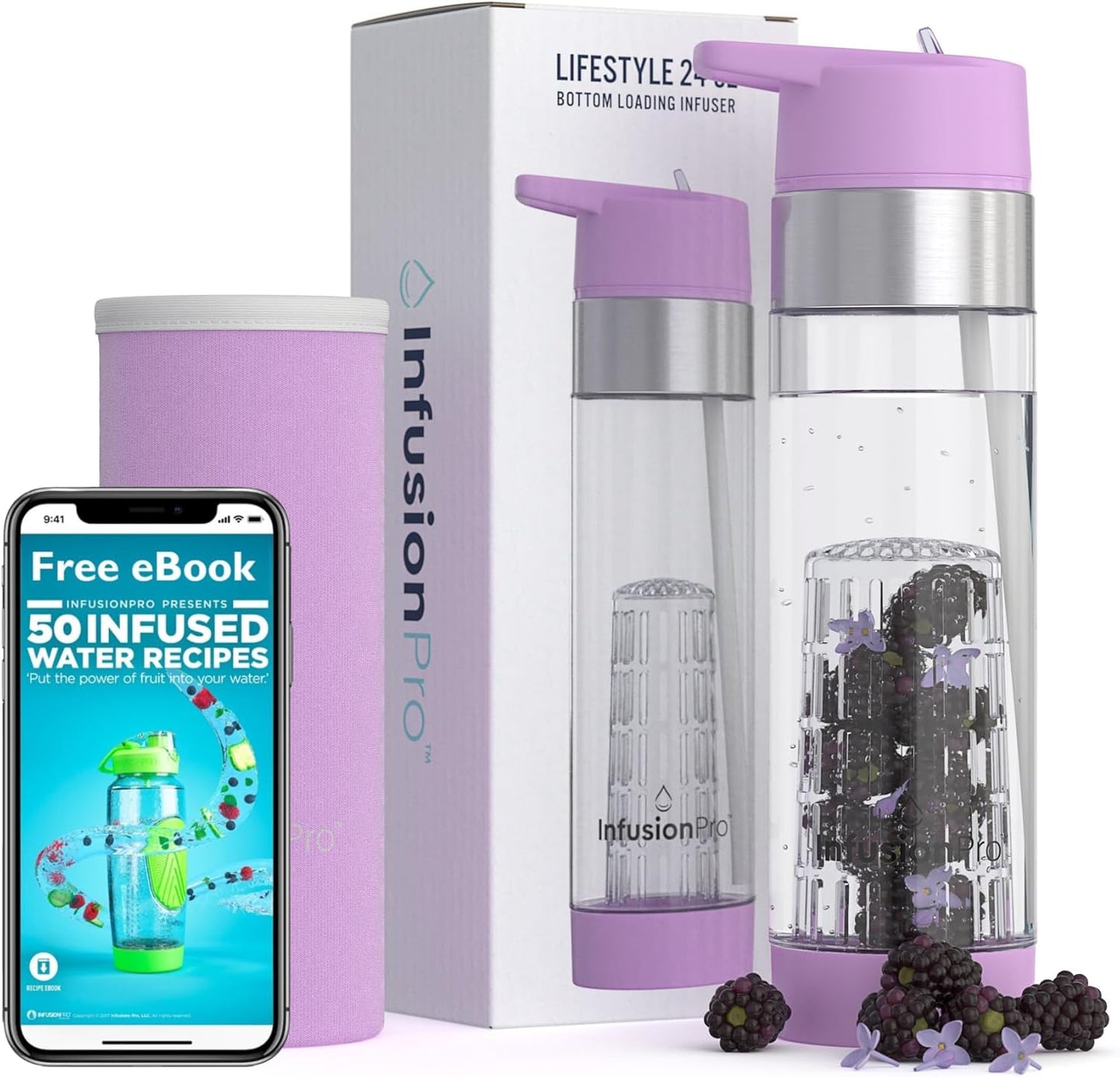Infusion Pro Fruit Infuser Water Bottle with Straw Lid 24 oz : Flip-Up Straw : Insulated Sleeve & Fruit Infusion Water eBook : Bottom Loading Infuser for More Flavor - Kauai Sunset