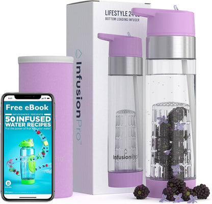 Infusion Pro Fruit Infuser Water Bottle with Straw Lid 24 oz : Flip-Up Straw : Insulated Sleeve & Fruit Infusion Water eBook : Bottom Loading Infuser for More Flavor - Kauai Sunset