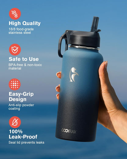 Half Gallon Water Bottle Insulated with Straw & 3 Lids, Coolflask 64 oz Water Jug Large Metal Stainless Steel Wide Mouth for Sports, Gym or Office, Non-BPA Keep Cold 48H Hot 24H, Samurai Cyan