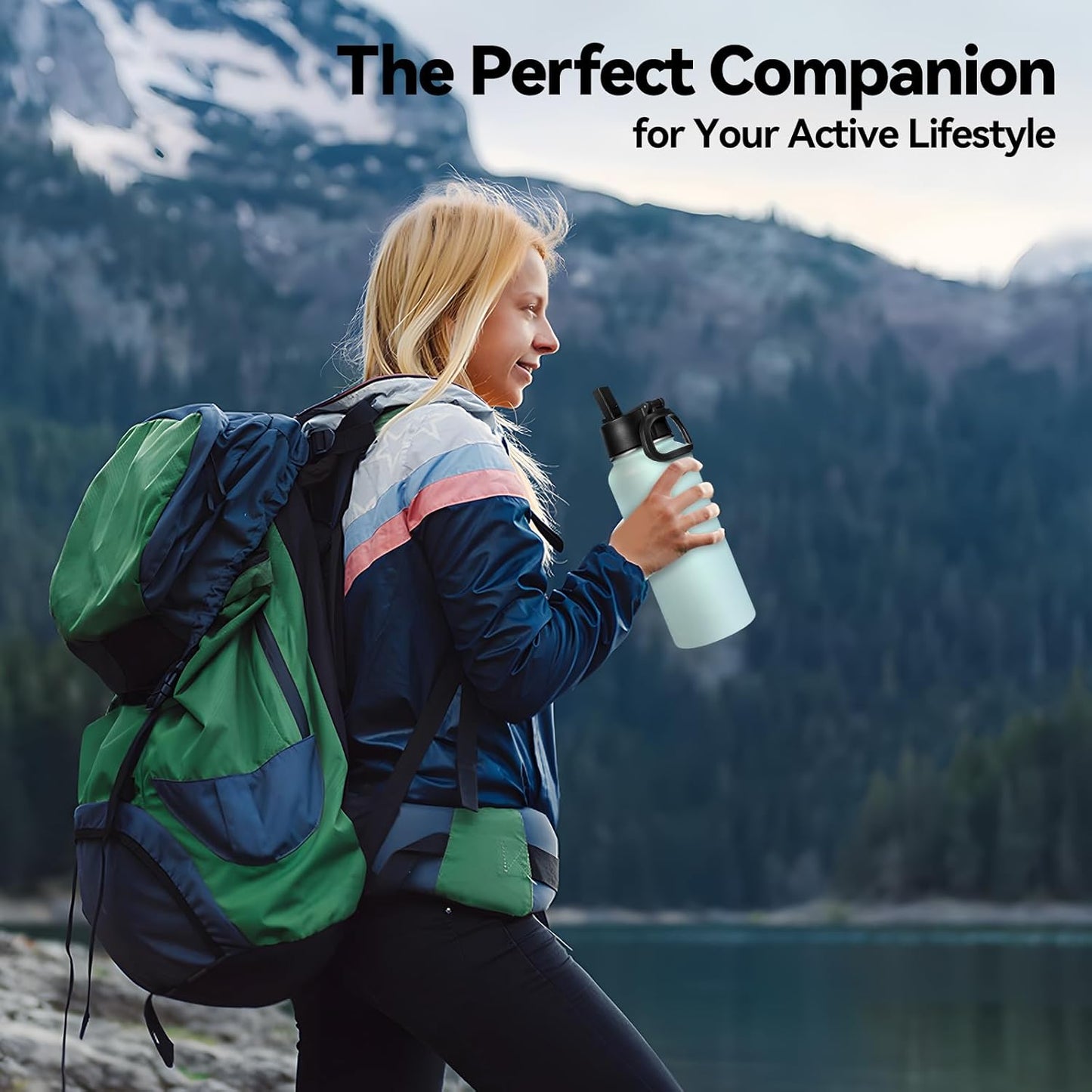 Neihepal 32 oz Insulated Water Bottle with 2 Lids (Straw & Spout Lid), 18/8 Stainless Steel Double Wall Water Bottles for Gym, Travel, Camping, Sports (Silver,1 Pack)