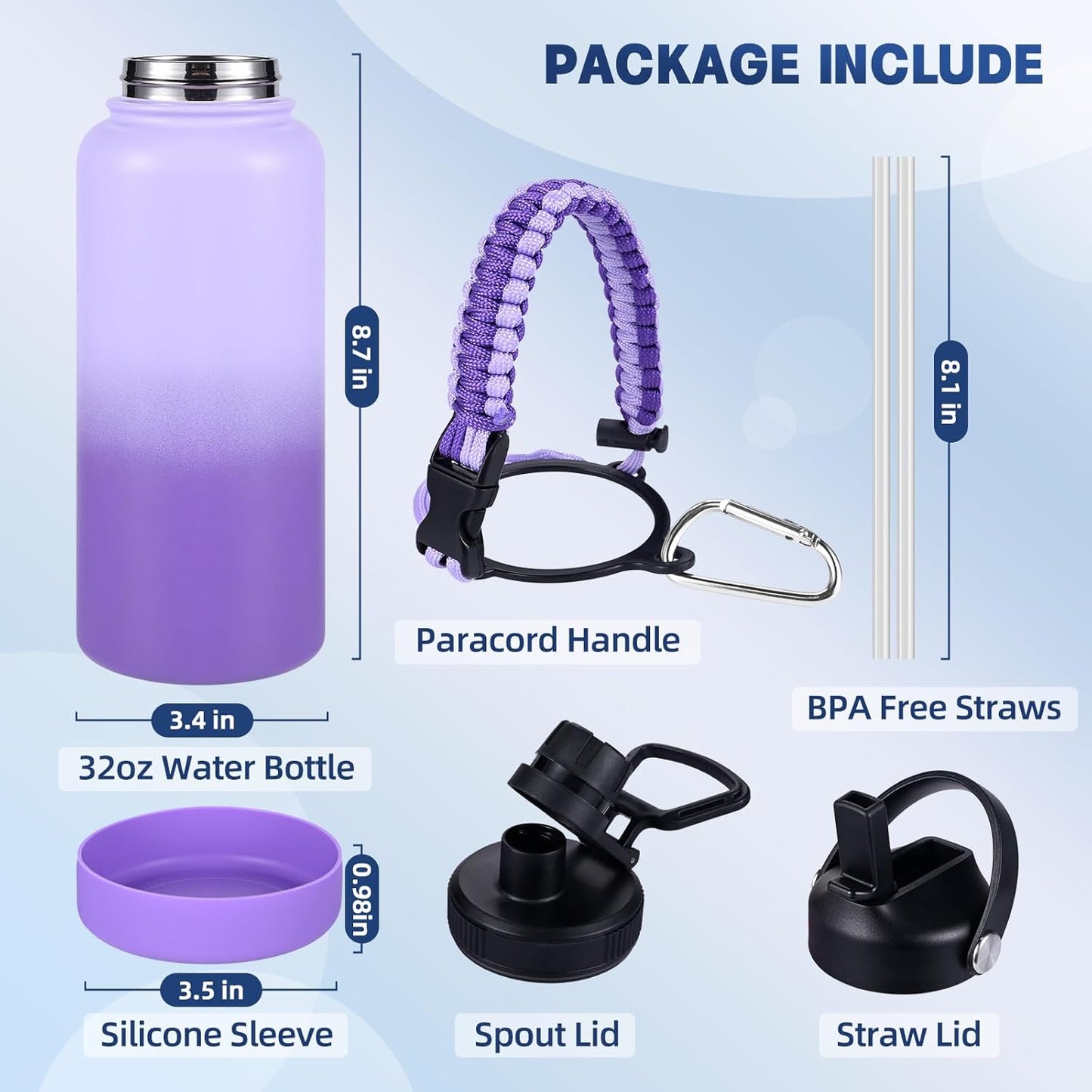 Insulated Water Bottle, 32 oz Stainless Steel Wide Mouth Water Bottles with 2 Leak Proof Lid and Paracord Handle, Double Wall Vacuum Insulated Sports Water Bottle, Purple Black