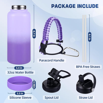 Insulated Water Bottle, 32 oz Stainless Steel Wide Mouth Water Bottles with 2 Leak Proof Lid and Paracord Handle, Double Wall Vacuum Insulated Sports Water Bottle, Purple Black