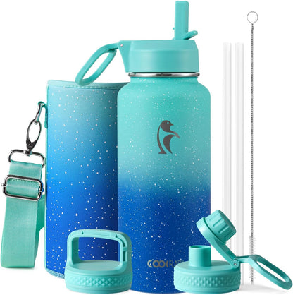 Half Gallon Water Bottle Insulated with Straw & 3 Lids, Coolflask 64 oz Water Jug Large Metal Stainless Steel Wide Mouth for Sports, Gym or Office, Non-BPA Keep Cold 48H Hot 24H, Samurai Cyan