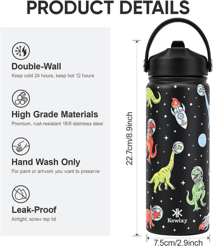 KEWIXY Kids Water Bottle for School, Easy Slide Lid, Leak Proof, Keep Cold 24H, Vacuum Insulated Tumbler, Metal Stainless Steel with Straw and Handle, for Boys&Girls (18OZ, Candy Pink)