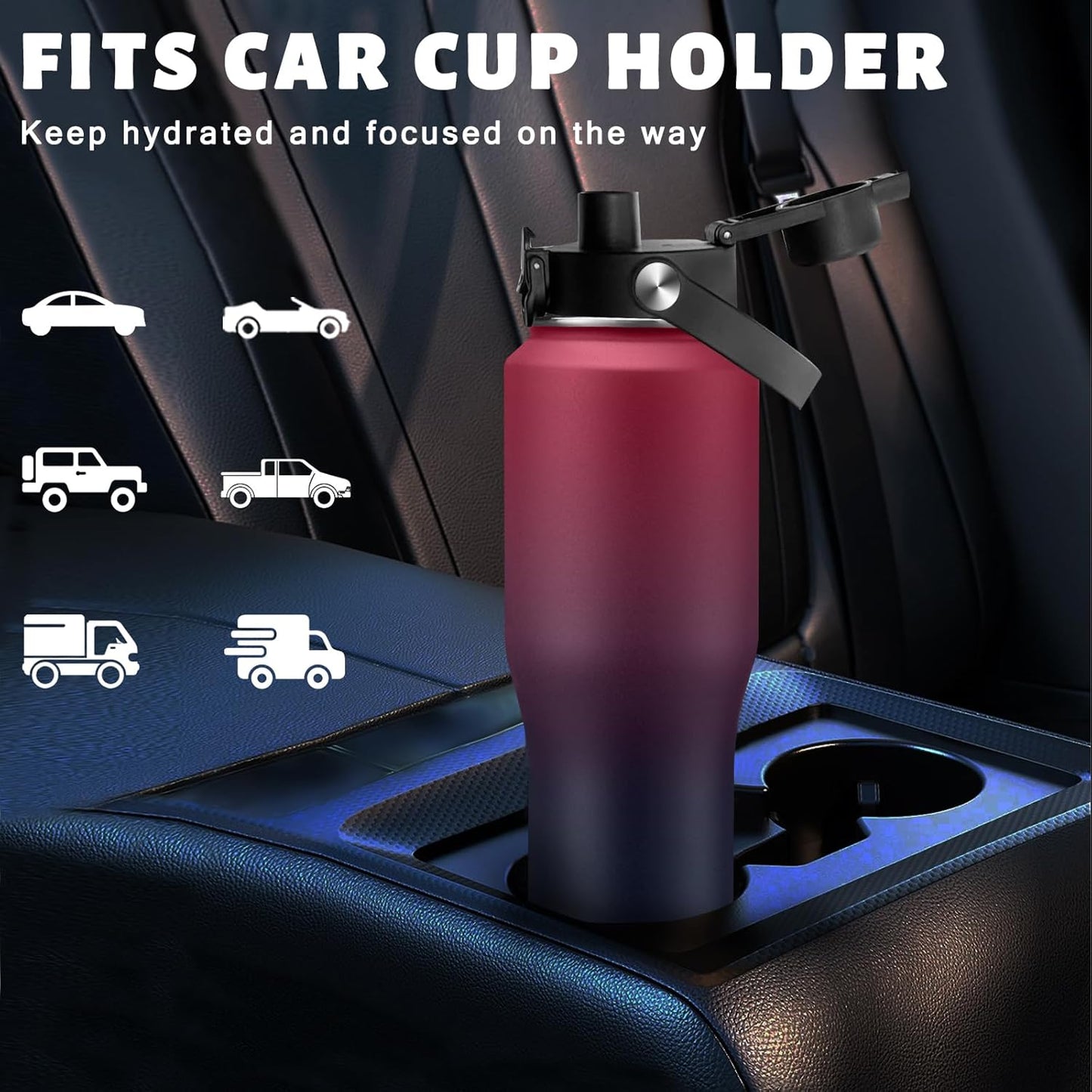 Insulated Water Bottle 40 oz - Fits in any Car Cup Holder, Keep Cold 48H Hot 24H, Stainless Steel Waterbottle Double Wall Flask with Straw, Pop-up Spout Lid, Paracord Handle, Carrier Bag