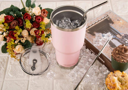D·S 30oz Blue Tumbler Stainless Steel Double Wall Vacuum Insulated Mug with Straw and Lid, Cleaning Brush for Cold and Hot Beverages