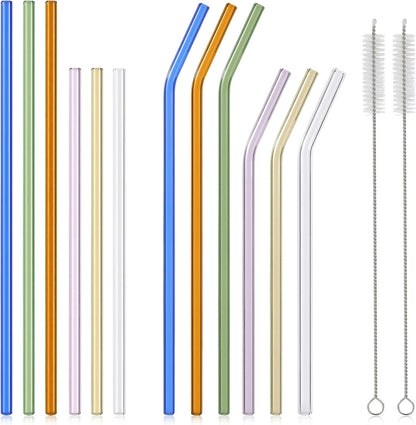[12 Pcs] Reusable Colorful Long Glass Straws - 11" x 8mm and 9" x 8mm Shatter Resistant Each Including 3 Straight and 3 Bent with 2 Cleaning Brush Perfect for 30 oz 20 oz Tumblers Juice Coffee