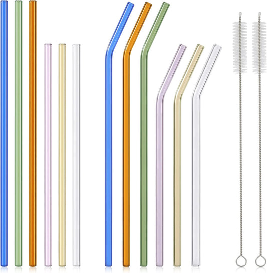 [12 Pcs] Reusable Colorful Long Glass Straws - 11" x 8mm and 9" x 8mm Shatter Resistant Each Including 3 Straight and 3 Bent with 2 Cleaning Brush Perfect for 30 oz 20 oz Tumblers Juice Coffee