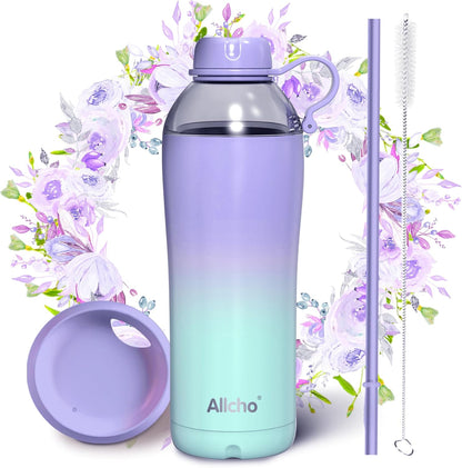 Allcho Insulated Water Bottle for Women, 18oz Stainless Steel Leak Proof Tumbler with 2 Lids, BPA-Free Tritan Chug & Straw Lid, Double Wall Vacuum Flask