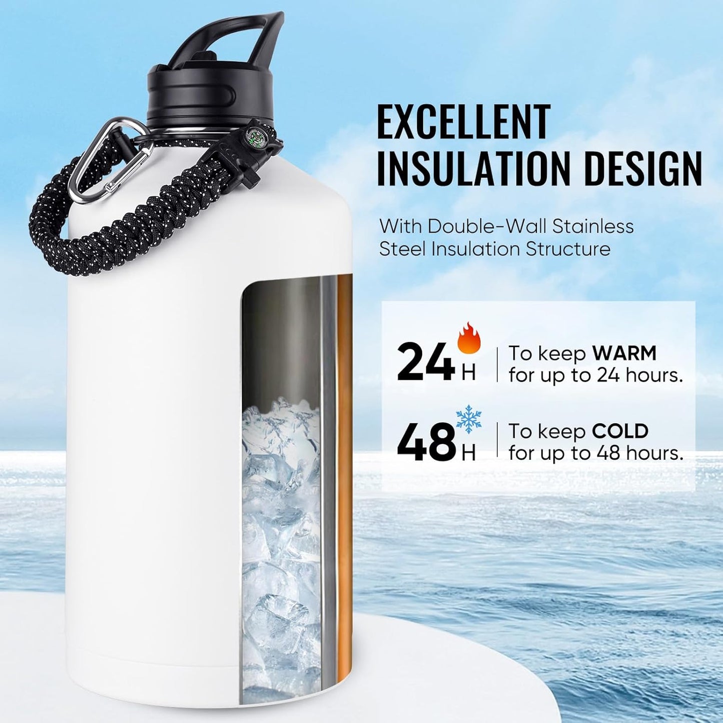 Fijinhom 24 oz Insulated Water Bottle with Handle, 304 Stainless Steel Water Bottles with Wide Mouth, Double Wall Vacuum Sports Water Bottle, BPA Free, Keep Cold and Hot, Black | with Handle
