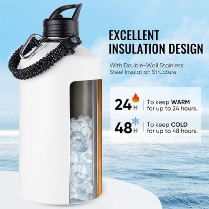 Fijinhom 24 oz Insulated Water Bottle with Handle, 304 Stainless Steel Water Bottles with Wide Mouth, Double Wall Vacuum Sports Water Bottle, BPA Free, Keep Cold and Hot, Black | with Handle