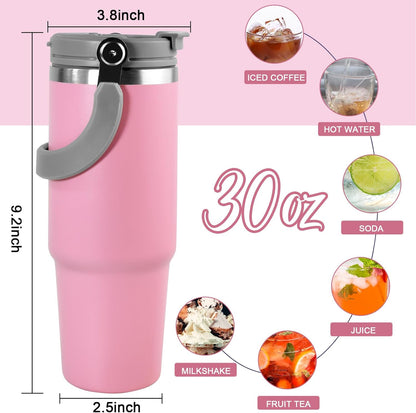 30 oz Tumbler with Handle and Straw Lid, Double Walled Vacuum Insulated Water Bottle Leakproof Tumbler Travel Coffee Mug Thermal Cup, Cupholder Friendly for Office, Home, Sport, Pink