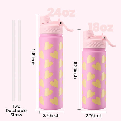 Fijinhom 18 oz Insulated Water Bottle, 2-in-1 Straw and Spout Lid Stainless Steel Thermos, Leak-Proof, Double Wall Vacuum Flask, Keep Cold 24H for Outdoor, Sports, Travel, School (Black)