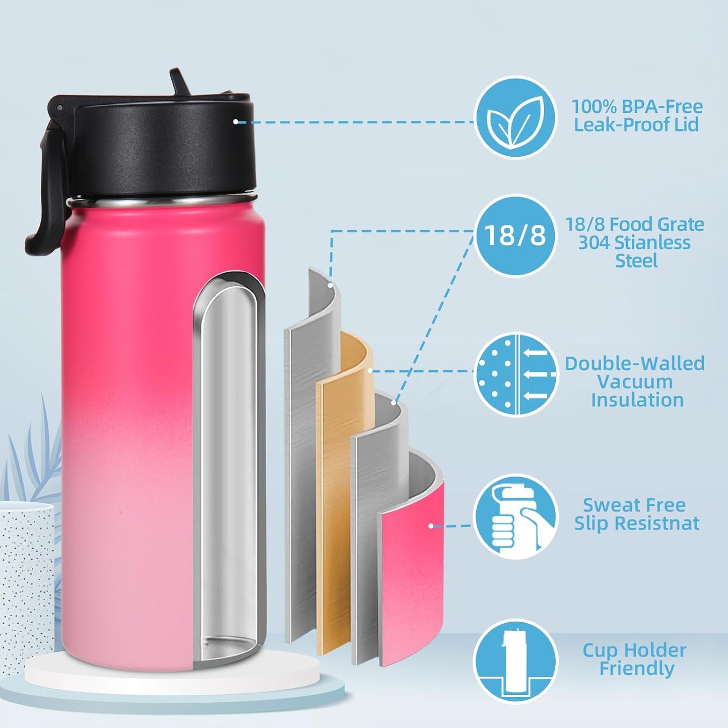 Volhoply 16 OZ Kids Water Bottle Bulk 8 Pack,Insulated Sports Bottles with Straw Lid,Stainless Steel Bottle with Handle Keep Cold & Hot,Double Wall Vacuum Tumbler Cups for School(Eight Color, 8)