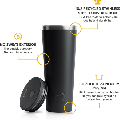 RTIC 20oz Everyday Tumbler Insulated Stainless Steel Portable Travel Coffee Cup with Straw, Ceramic Lining, Spill-Resistant Lid, BPA-Free, Hot and Cold Drink, Beach