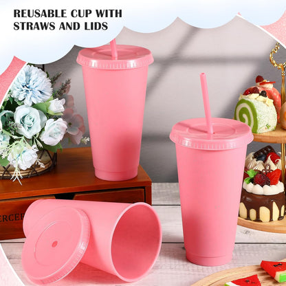 Uiifan 6 Pcs 24 oz Reusable Tumbler with Lids and Straws Plastic Iced Coffee Tumbler Glitter Travel Mug Cup for Smoothie Juices Birthday Party Cold Drink Coffee Cup Bulk for Adult Kid Women (Clear)