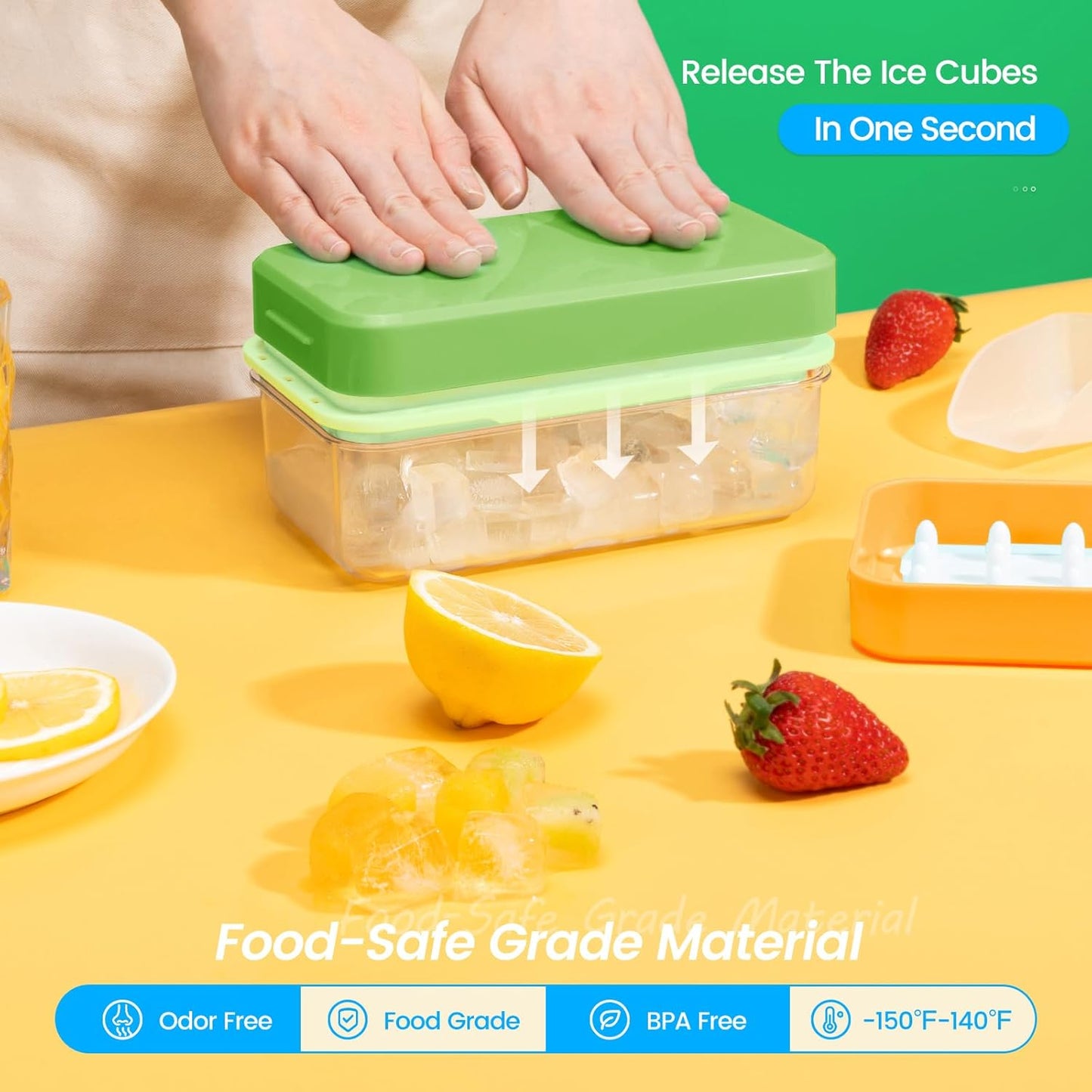 Ice Cube Tray with Lid and Bin, PHINOX 56 pcs Ice Trays for Freezer, Ice Cube Trays for Freezer with 2 trays, Container, Lid & Ice Scoop, BPA Free