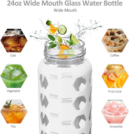 MUKOKO Glass Water Bottles, 32oz Glass Tumbler with Straw, Drinking Bottles with 2 Lids-Handle Spout Lid&Bamboo Straw Lid, Motivational Water Bottle with Time Marker and Silicone Sleeve, 1 Pack-Olive