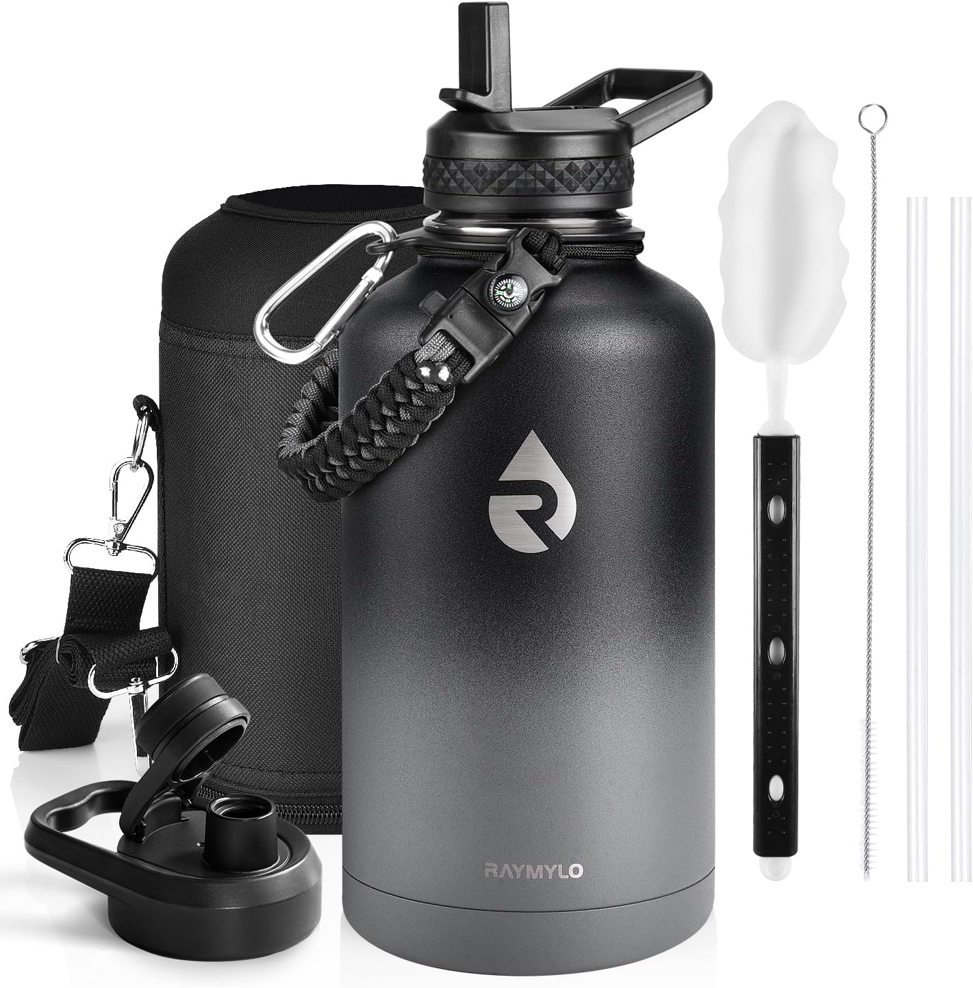 RAYMYLO One Gallon Water Bottle Insulated, Triple Walled Vacuum Stainless Steel (Cold for 48 Hrs), Leak Proof & Non-BPA, Large Water Flask Jug with Paracord Handle & Straw Spout Lids