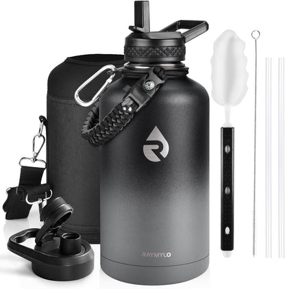 RAYMYLO One Gallon Water Bottle Insulated, Triple Walled Vacuum Stainless Steel (Cold for 48 Hrs), Leak Proof & Non-BPA, Large Water Flask Jug with Paracord Handle & Straw Spout Lids