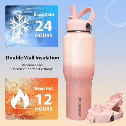 SENDESTAR 40oz Water Bottle Wide Mouth Stainless Steel Vacuum Insulated Double Wall with Straw Lids Fit in Any Car Cup Holder