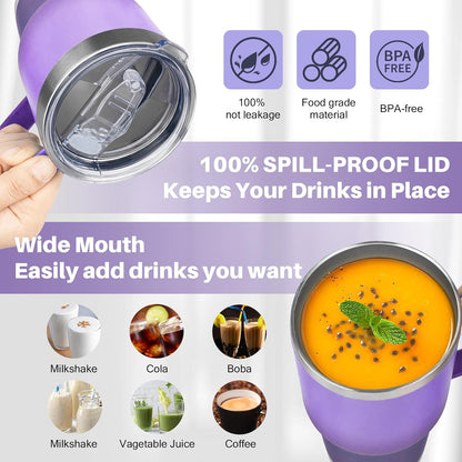40 oz Tumbler with Handle, Insulated Tumbler with Lid and Straw, Reusable Stainless Steel Vacuum Insulated Cup, 100% Leak Proof Thermal Travel Coffee Mug Cup for Cold and Hot (Light Purple)