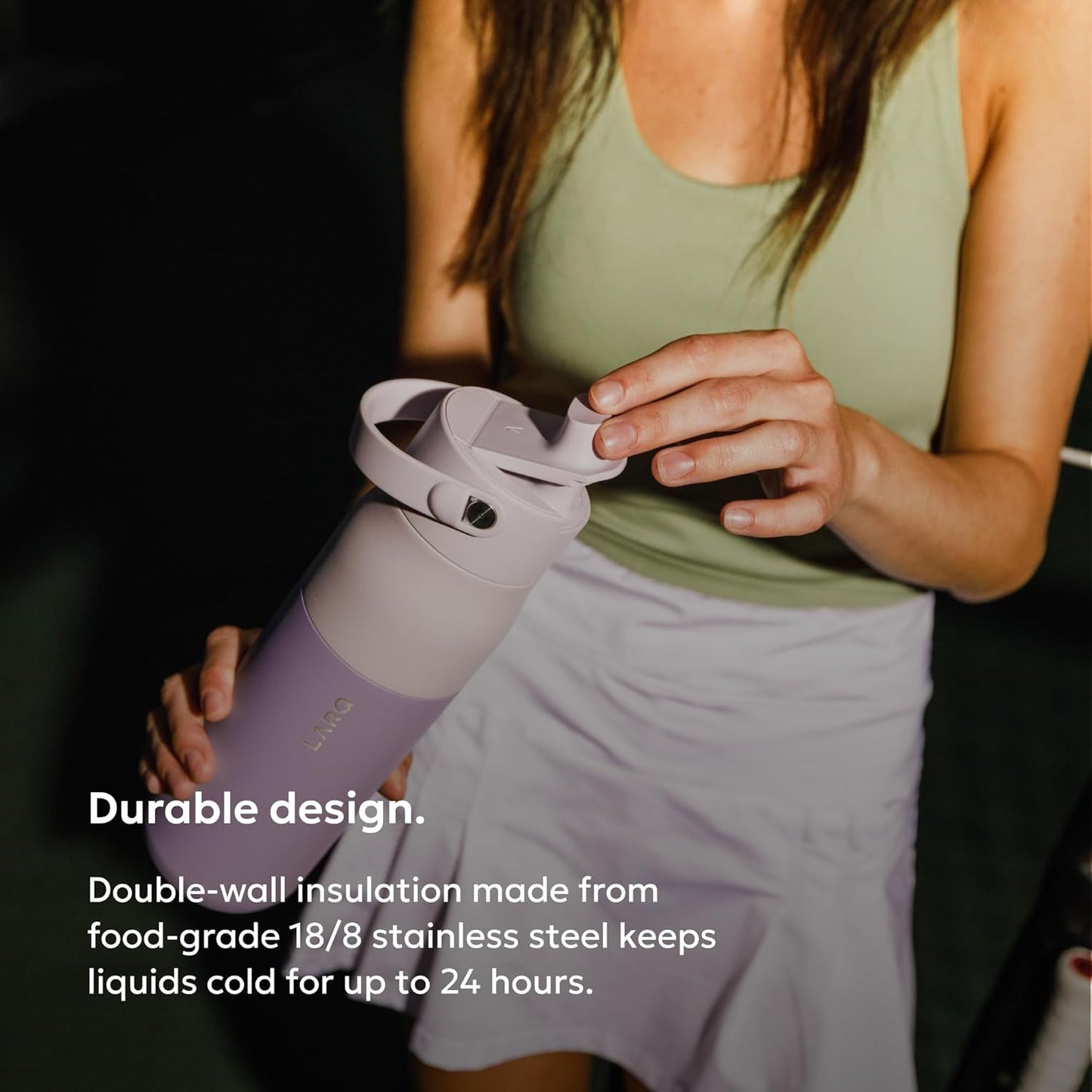 LARQ Swig Top — Insulated Stainless Steel Water Bottle with Straw, Detachable Silicone Handle, Vacuum 24h Cold, BPA-Free Metal Bottle for Gym, Travel, Office, Wide Mouth for Ice — 23 oz, Mojave Dune