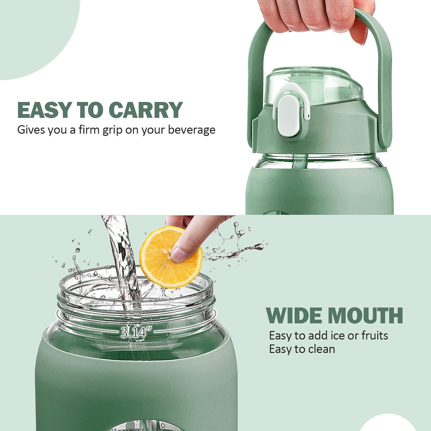 64oz Glass Water Bottles with Straw, Half Gallon Motivational Glass Bottle with Silicone Sleeve and Time Marker, 2L Leakproof Large Glass Water Jug for Gym Home Office,olive