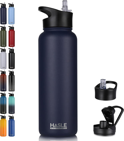 HASLE OUTFITTERS 32 oz Insulated Water Bottle Stainless Steel Double Walled Vacuum Sports Water Bottle with 2 Lids (Straw and Spout Lid) for Gym Camping Hiking(Black,1)
