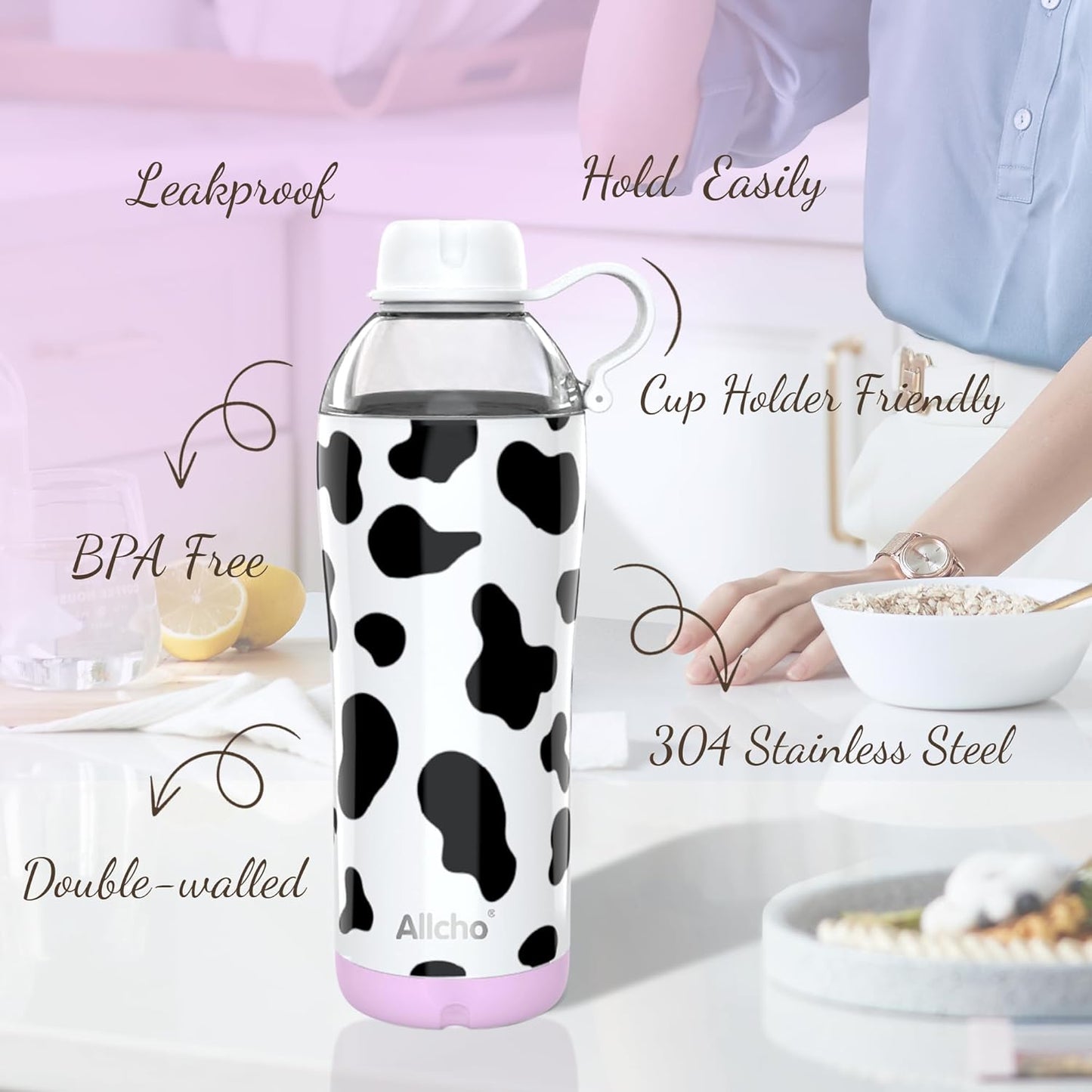 Allcho Insulated Water Bottle for Women, 18oz Stainless Steel Leak Proof Tumbler with 2 Lids, BPA-Free Tritan Chug & Straw Lid, Double Wall Vacuum Flask