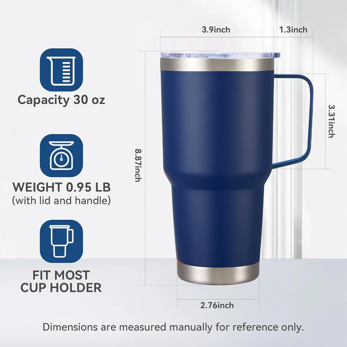 30 oz Tumbler with Handle and Lid, Stainless Steel Tumblers Double Wall Vacuum Insulated Travel Mug Leak Proof Cup Keep Drinks Cold and Hot Black, 1 Pack