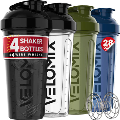 VELOMIX -4 Pack- 28 oz Protein Shaker Bottles for Protein Mixes - 4x Wire Whisk | Leak Proof Shaker Cups for Protein Shakes | Stackable Protein Shaker Bottle Pack (A1) Silver Aurora