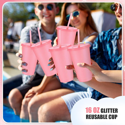 Uiifan 6 Pcs 24 oz Reusable Tumbler with Lids and Straws Plastic Iced Coffee Tumbler Glitter Travel Mug Cup for Smoothie Juices Birthday Party Cold Drink Coffee Cup Bulk for Adult Kid Women (Clear)