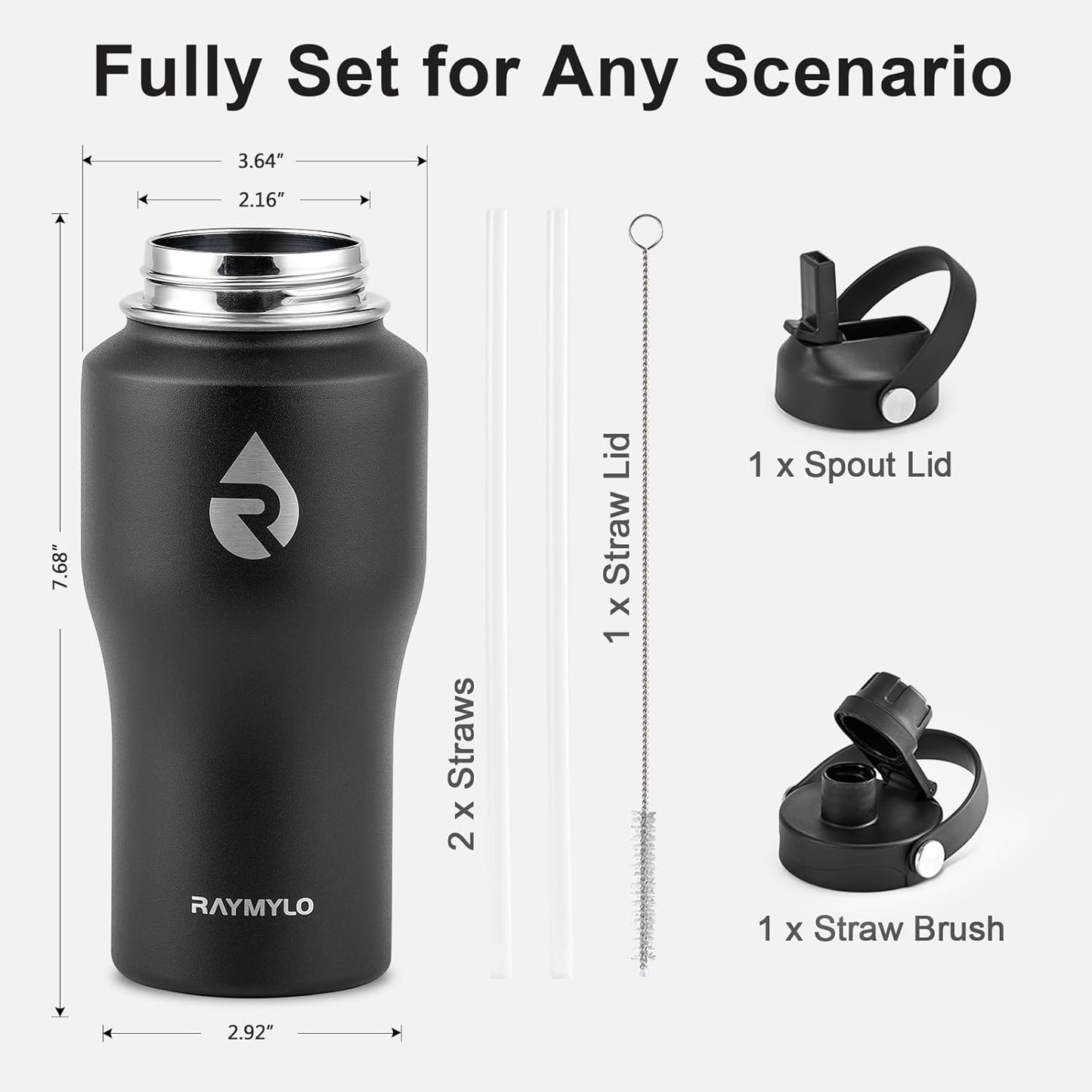 RAYMYLO 40 oz Insulated Water Bottle with Straw fit in Car Cup Holder, Triple Wall Vacuum Stainless Steel(Cold 48 hrs, Hot 24 hrs), Leakproof & Non-BPA, Hydro Travel Flask with Straw and Spout Lid