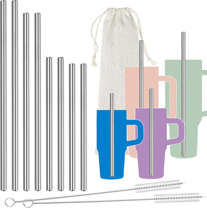 NiHome 8PCS Stainless Steel Straws Fit for Stanley 40oz 30oz 20oz 14oz Tumblers, 4 Lengths Reusable Drinking Straws with Cleaning Brushes and Pouch, 9mm Wide Straws for Boba, Smoothie, Dishwasher Safe