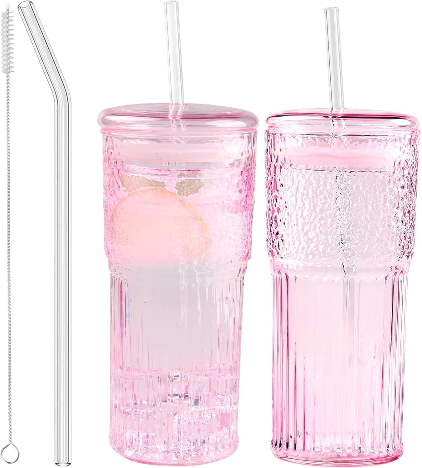 JunVpic Glass Cups with Lids and Straws,24oz Glass Tumbler with Handle Iced Coffee Cup for Coffee,Juice,Tea,Milk,Smoothie,Hot & Cold Drinks (Pink)