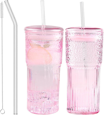 JunVpic Glass Cups with Lids and Straws,24oz Glass Tumbler with Handle Iced Coffee Cup for Coffee,Juice,Tea,Milk,Smoothie,Hot & Cold Drinks (Pink)