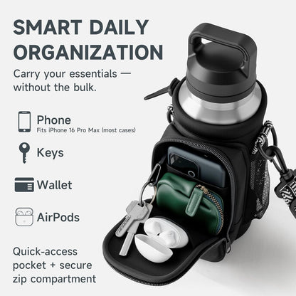 Water Bottle Holder with Strap, Neoprene Crossbody Carrier, Phone Pocket, 1.46" Wide Strap, Fits 24-40oz