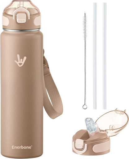 Enerbone 24 oz Insulated Water Bottle, Stainless Steel Bottle with Carrying Strap, Double-Wall Vacuum Insulation Design, Leakproof Sports Bottle with Straw, Keep Drinks Cold or Hot for Hours