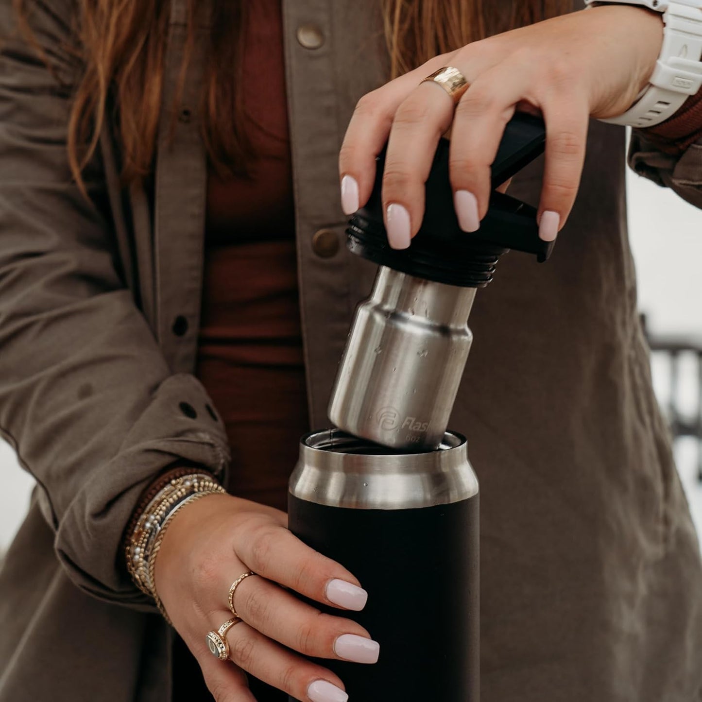 Flaskap FreePour System: 6oz Mixed Drink Tumbler Attachment and 26oz Cup Holder Friendly, Stainless Steel Water Bottle, Removable Hidden Flask Reservoir