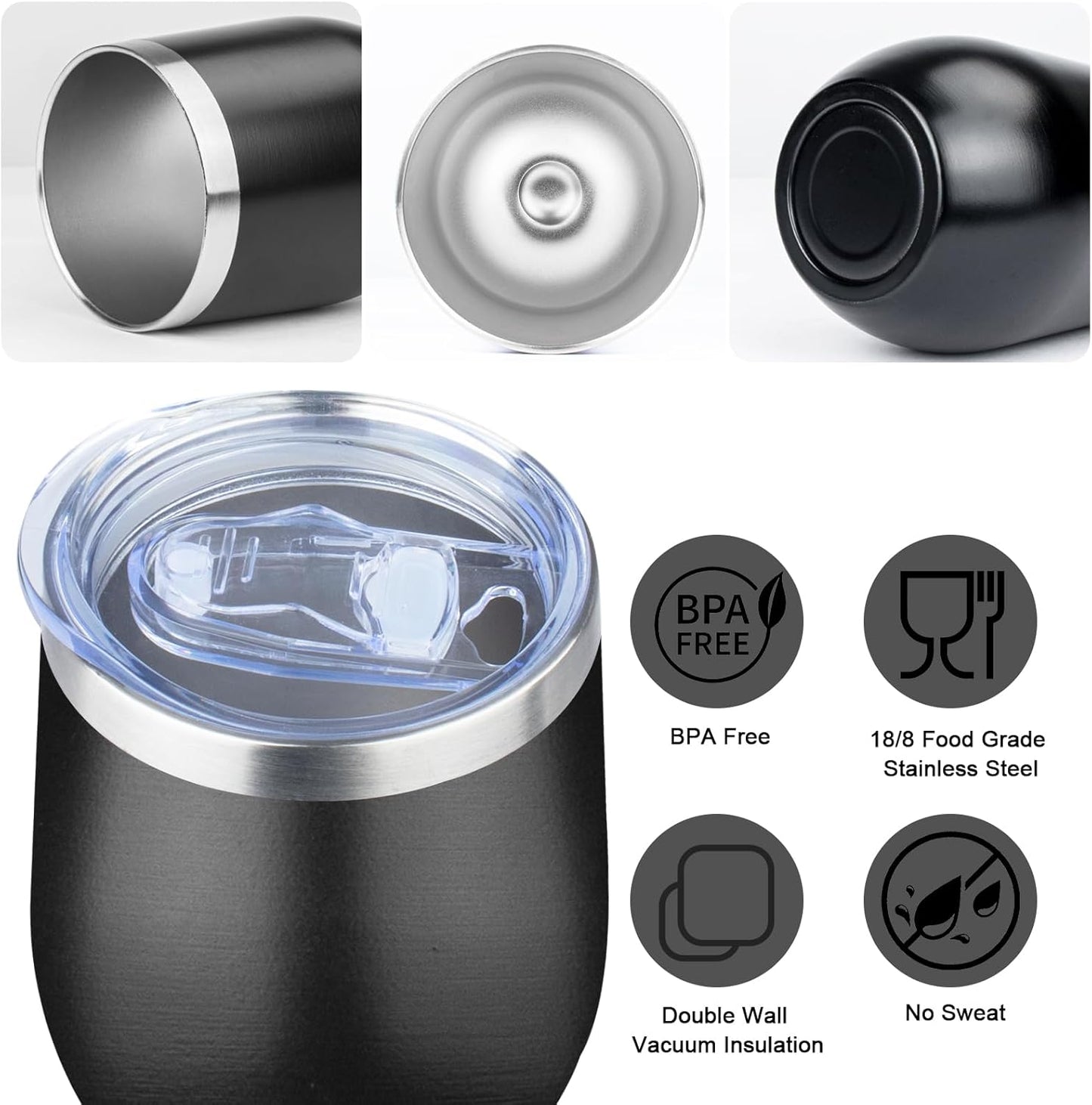 MEZMUT 12 Oz Insulated Wine Tumbler with Lid Double Wall Vacuum Stainless Steel Wine Glass Coffee Mug Insulated Tumbler Cup for Champaign, Cocktail, Beer (Black, 1 Pack)